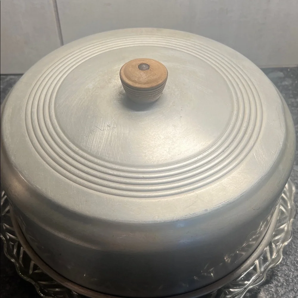 Aluminum Cake Dish and Dome with Wooden Knob.